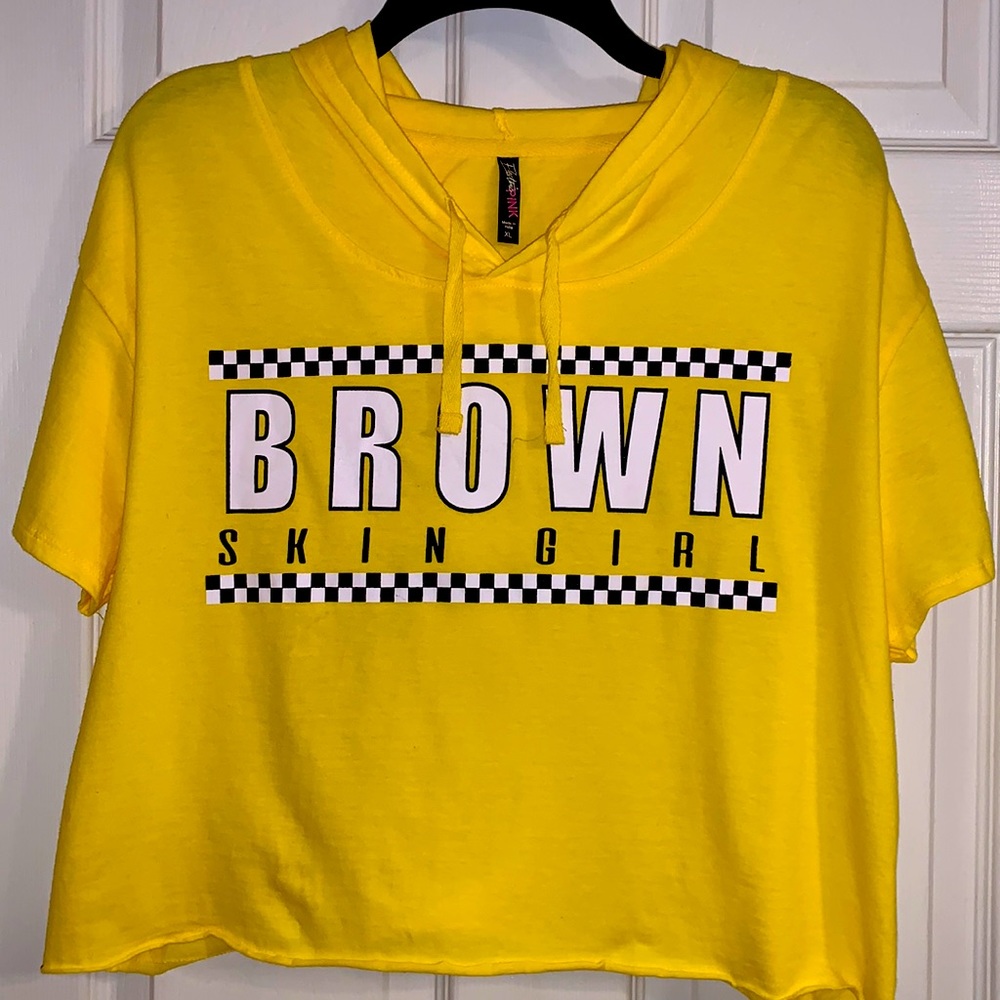 Yellow “Brown Skin Girl” cropped tee with hood.